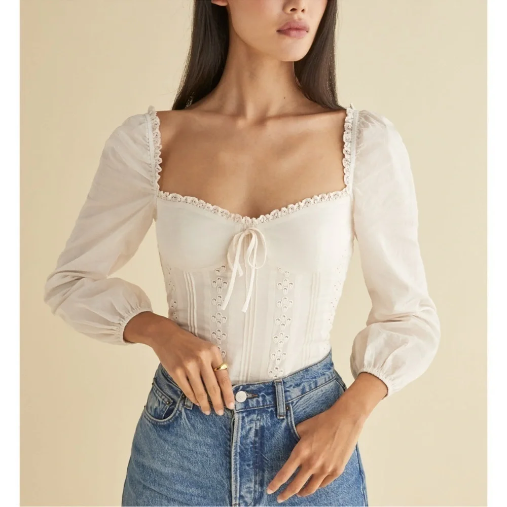 Reformation Isadora Long Sleeve Corset Cotton Top Cream 2